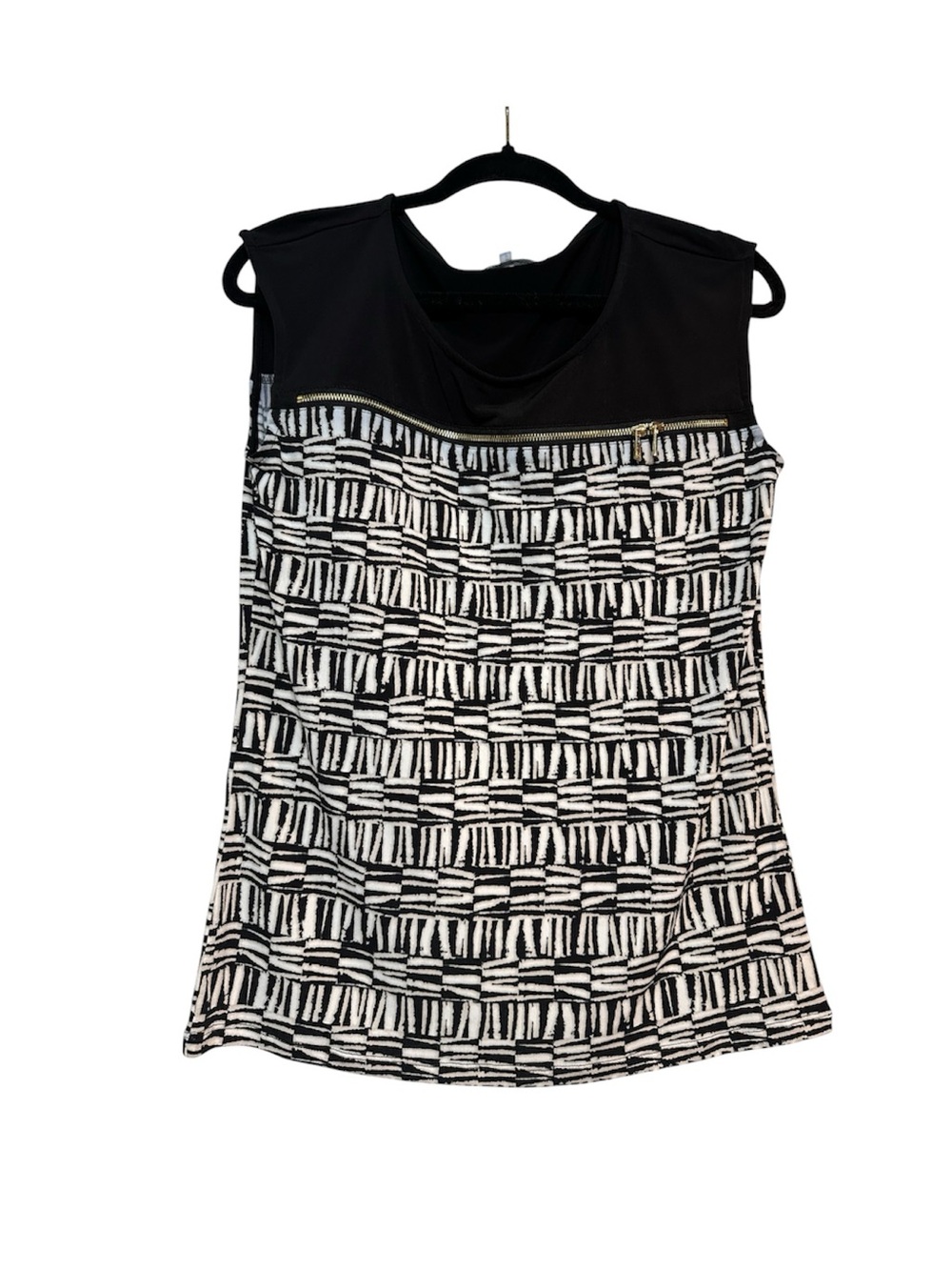 Calvin Klein Black & White Sleeveless Patterned Top with Zip Trim